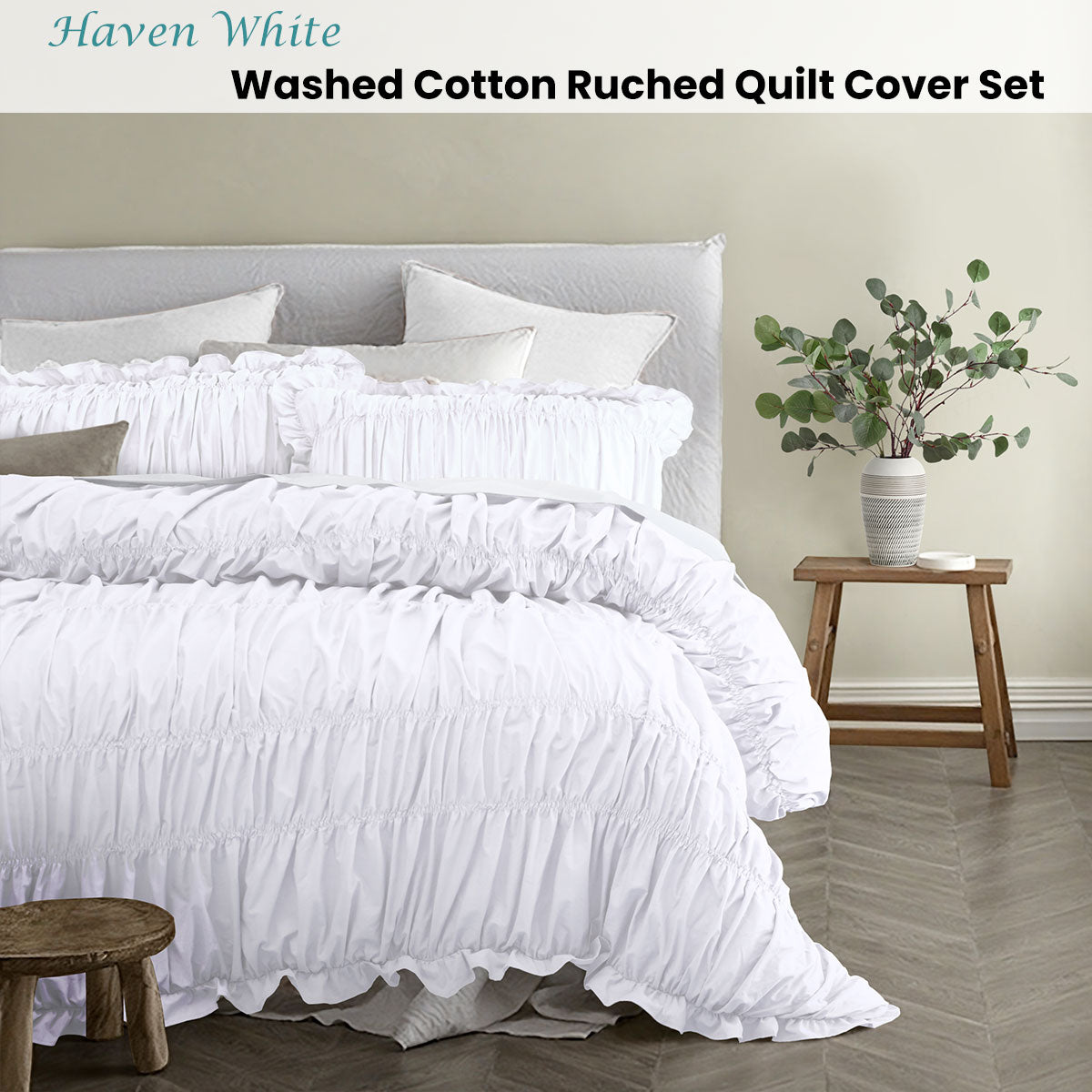 Vintage Design Homewares Haven White Washed Cotton Ruched Quilt Cover Set Single - Image 2