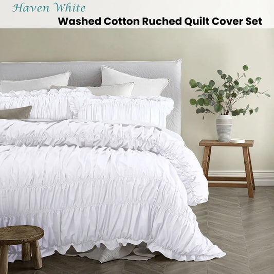 Vintage Design Homewares Haven White Washed Cotton Ruched Quilt Cover Set Single - Image 2