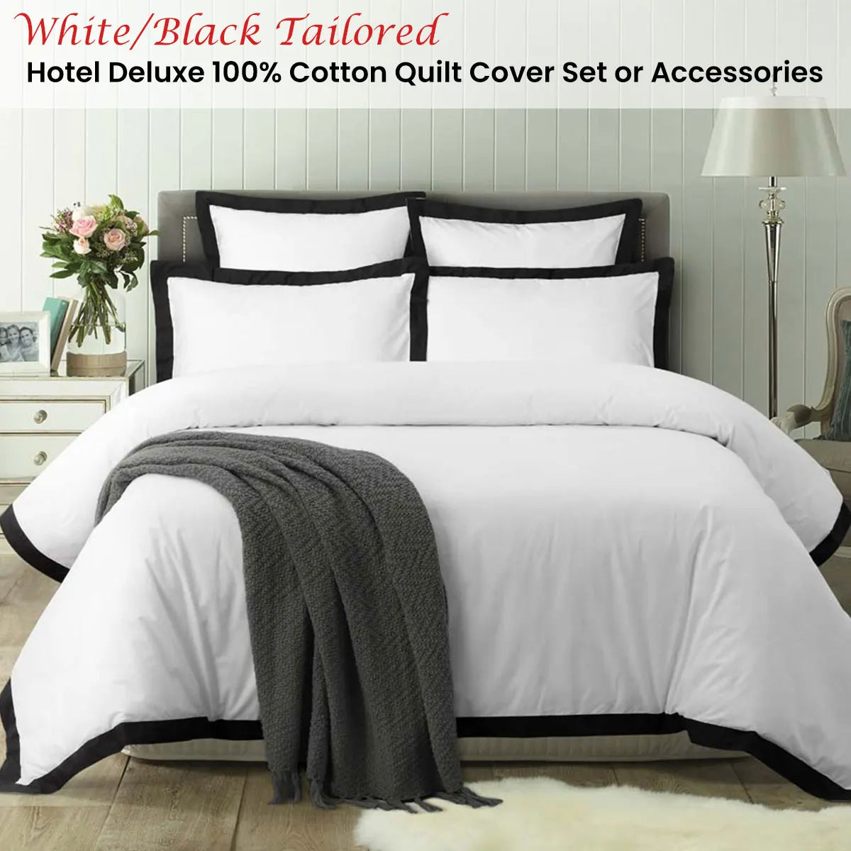 Accessorize White/Black Tailored Hotel Deluxe Cotton Quilt Cover Set Queen - Image 2