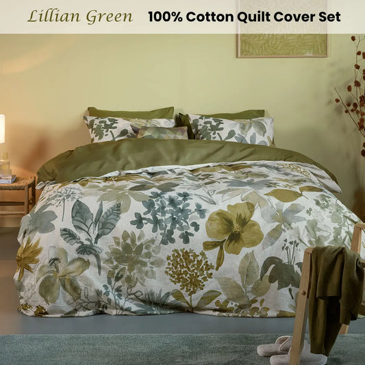 Bedding House Lilian Green 100% Cotton Percale Quilt Cover Set Queen - Image 2