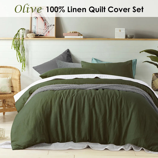 100% Linen Olive Quilt Cover Set Super King - Image 2