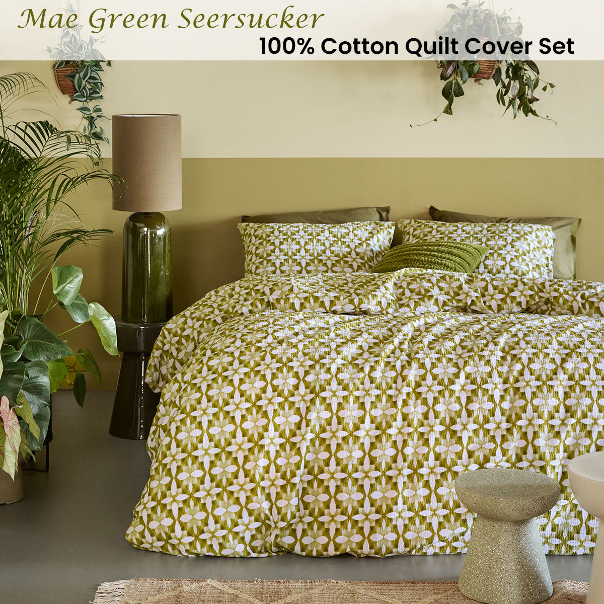 Bedding House Mae Green Seersucker Cotton Quilt Cover Set Queen - Image 2