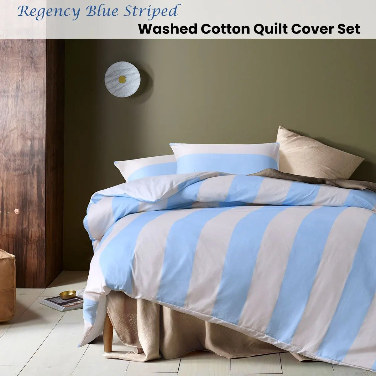 Accessorize Regency Blue Striped Washed Cotton Quilt Cover Set King - Image 2