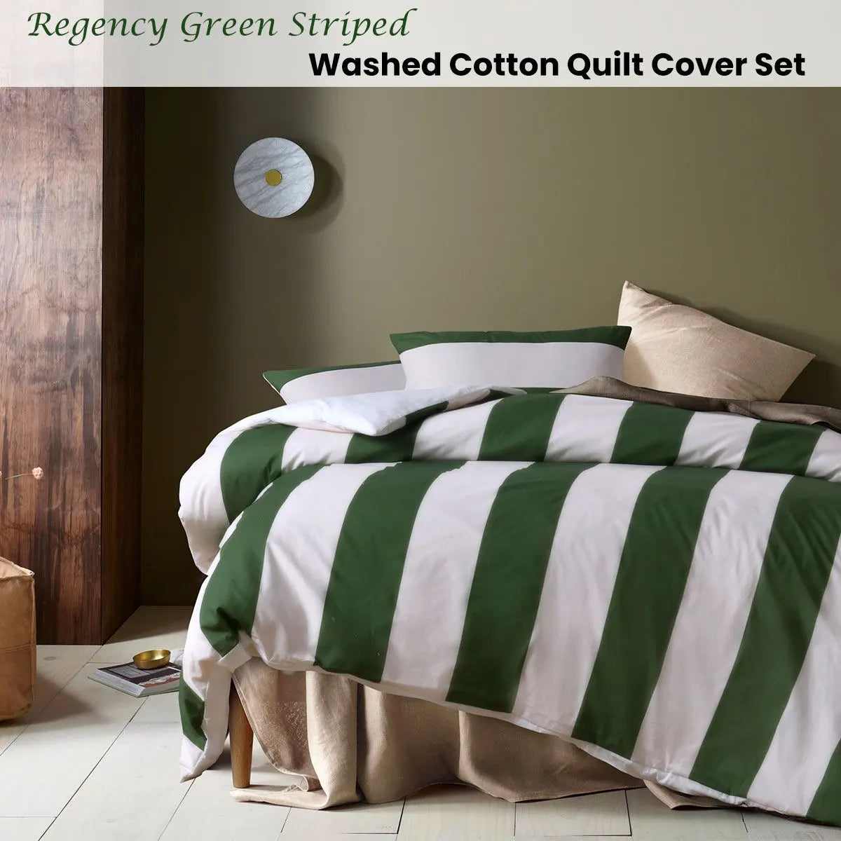 Accessorize Regency Green Striped Washed Cotton Quilt Cover Set Queen - Image 2