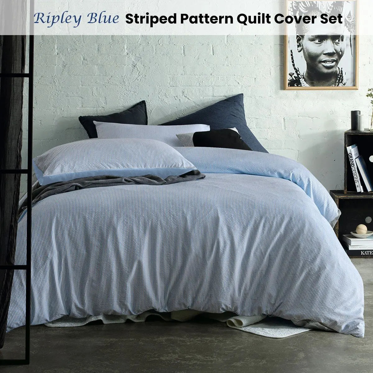 Accessorize Ripley Blue Striped Pattern Quilt Cover Set Queen - Image 2