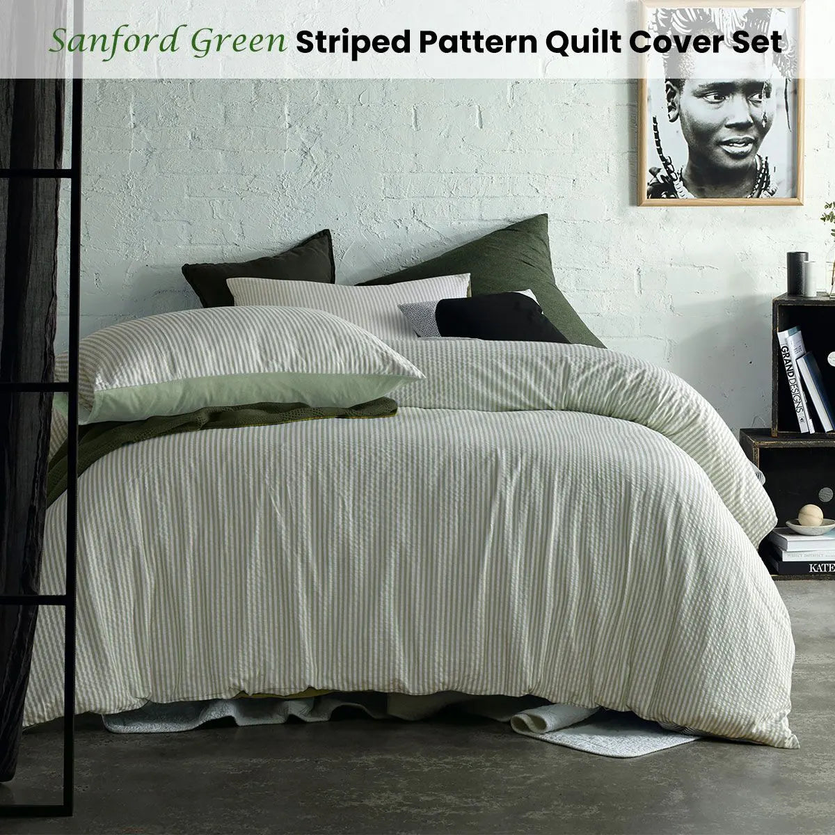 Accessorize Sanford Green Striped Pattern Quilt Cover Set Queen - Image 2