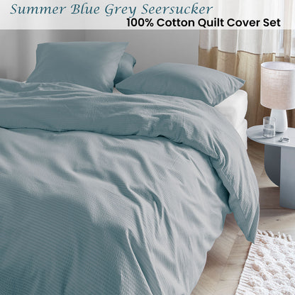 Bedding House Summer Blue Grey Seersucker Cotton Quilt Cover Set Queen - Image 2