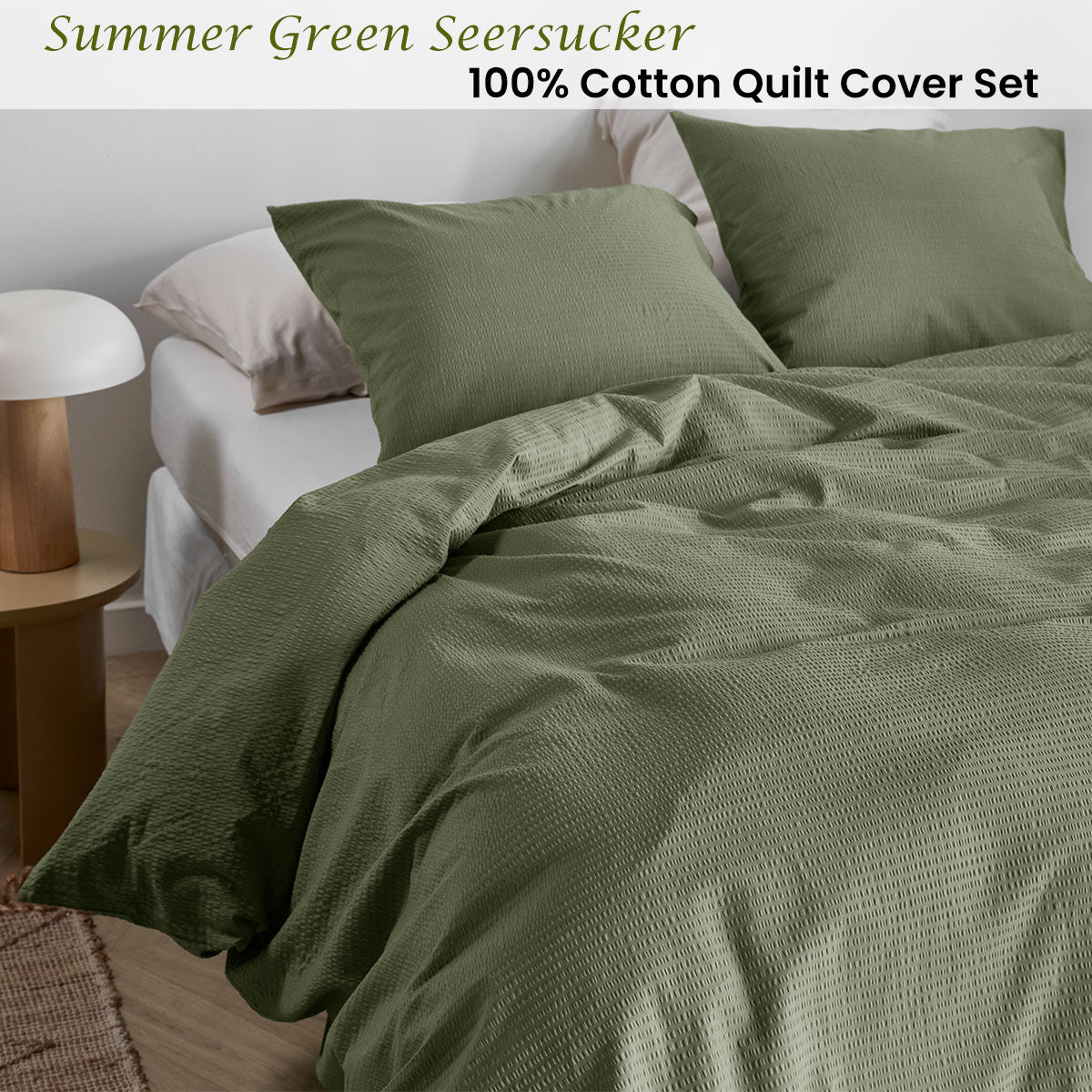 Bedding House Summer Green Seersucker Cotton Quilt Cover Set King - Image 2