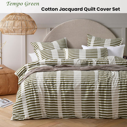 Vintage Design Homewares Tempo Green Cotton Jacquard Quilt Cover Set King - Image 2