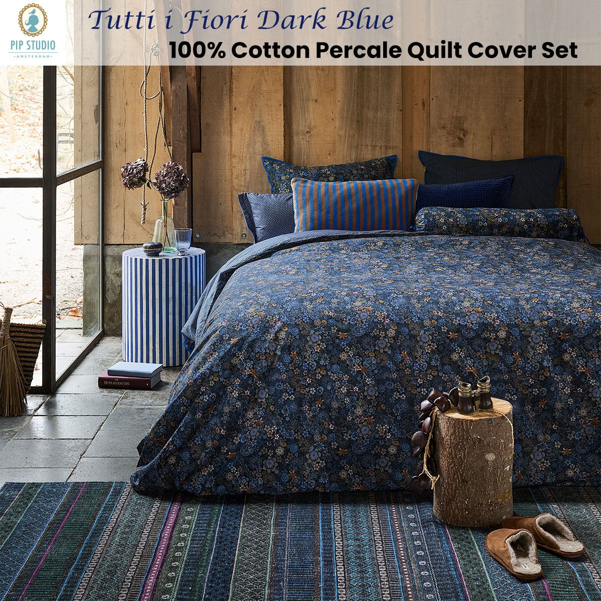 PIP Studio Tutti i Fiori Dark Blue Cotton Quilt Cover Set Queen - Image 2