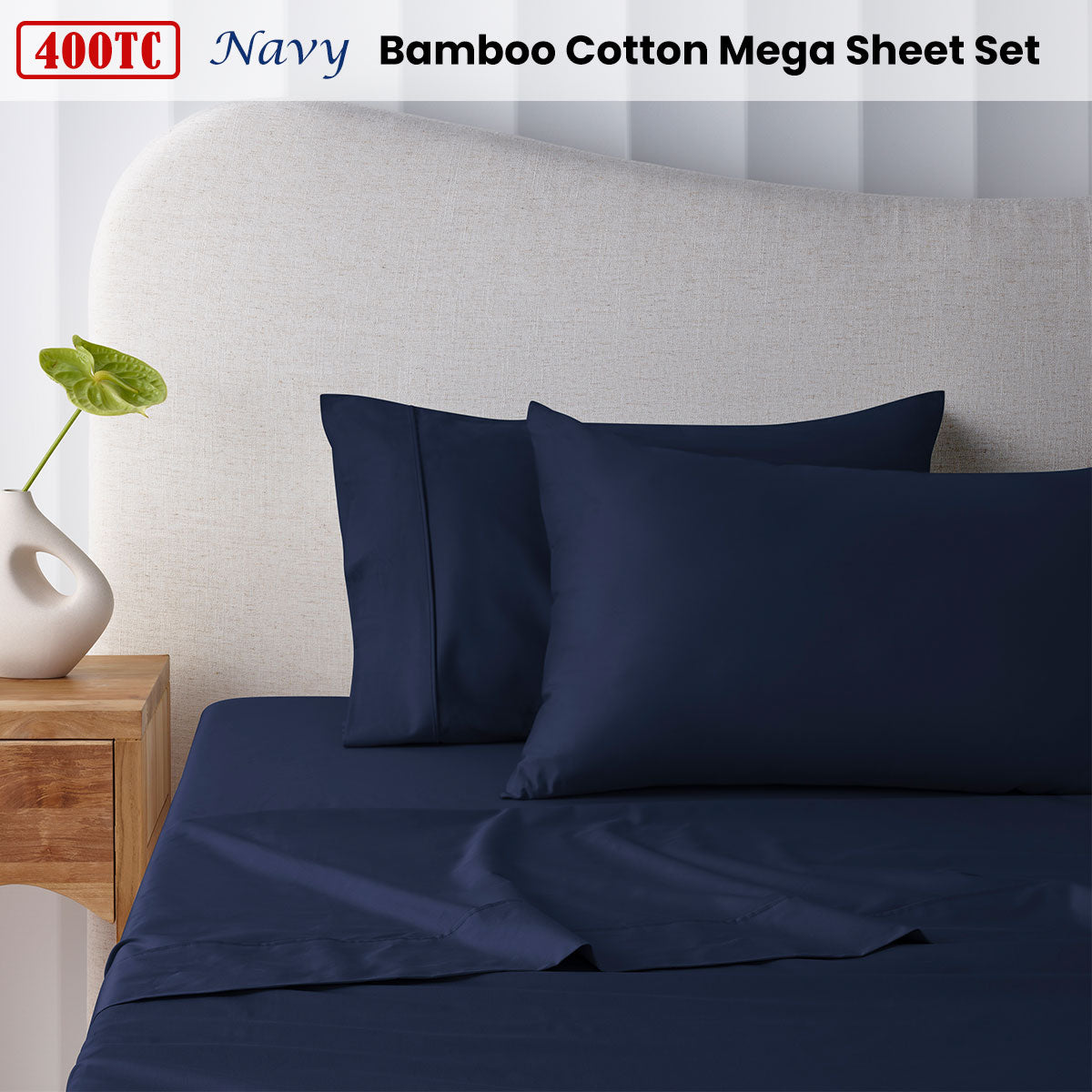 Accessorize 400TC Navy Bamboo Cotton Mega Sheet Set 50cm Wall Super King - Image 2