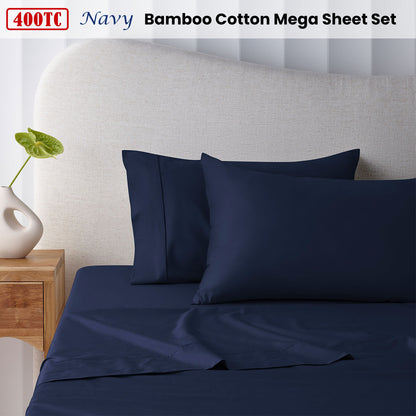 Accessorize 400TC Navy Bamboo Cotton Mega Sheet Set 50cm Wall Super King - Image 2