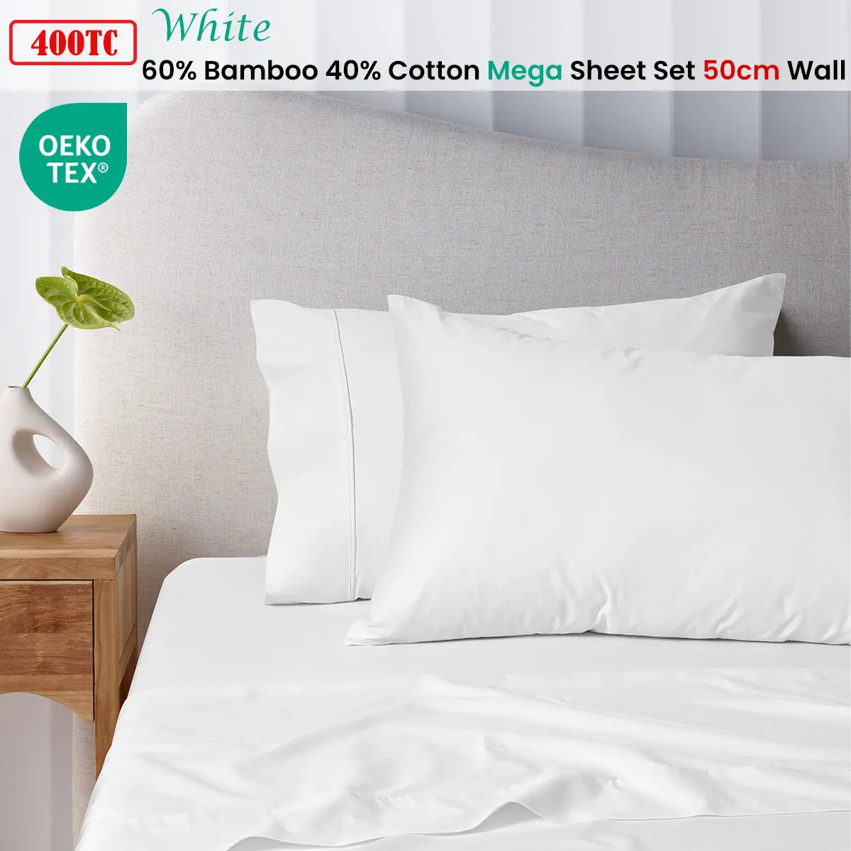 Accessorize 400TC White Bamboo Cotton Mega / Super Sheet Set 50cm Wall Super King - Image 2