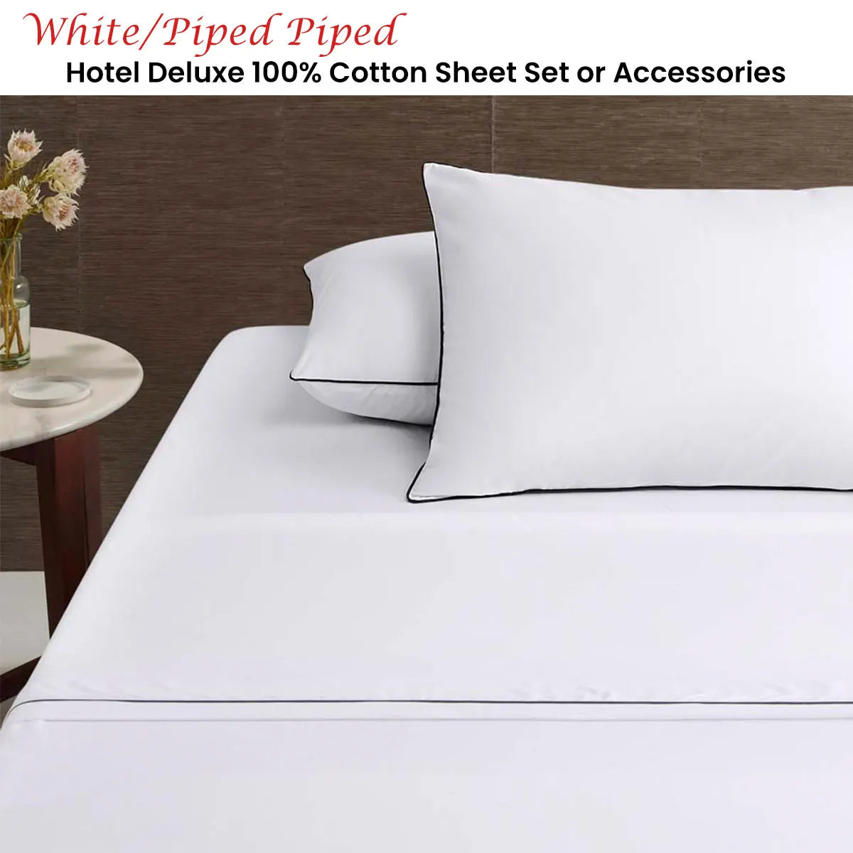 Accessorize White/Black Piped Hotel Deluxe Cotton Sheet Set Queen - Image 2
