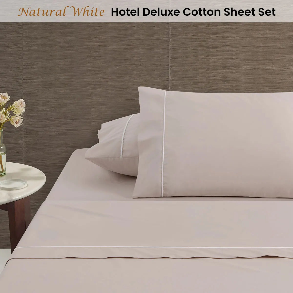Accessorize White/Natural Piped Hotel Deluxe Cotton Sheet Set Super King - Image 2