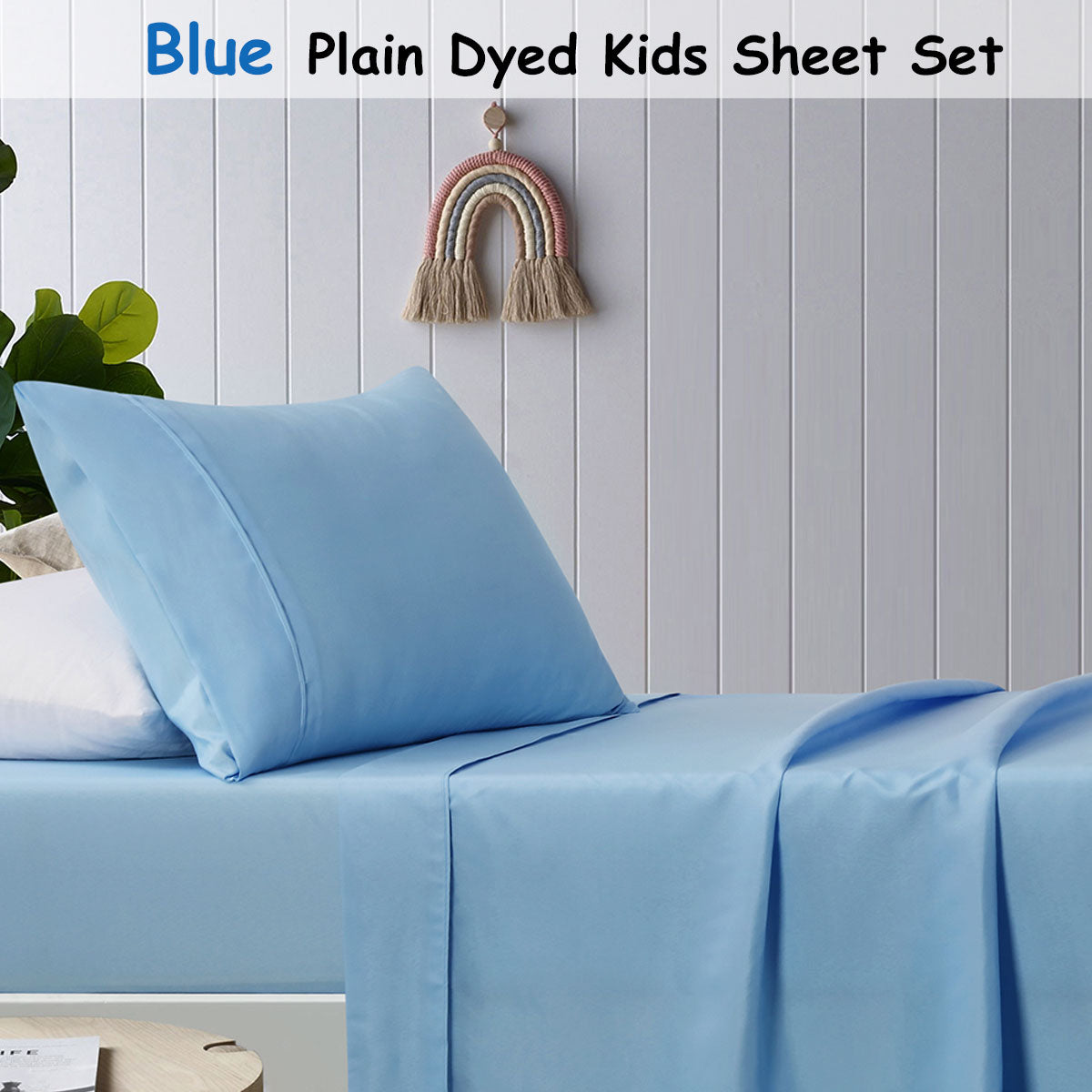 Happy Kids Blue Plain Dyed Microfibre Sheet Set King Single - Image 2