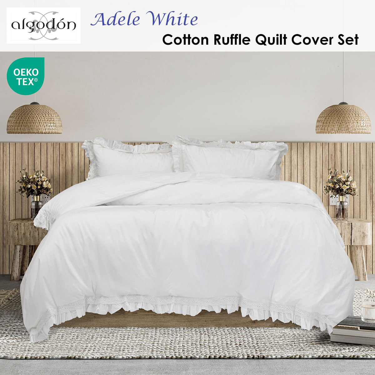 Algodon Adele White Cotton Ruffle Quilt Cover Set King - Image 2