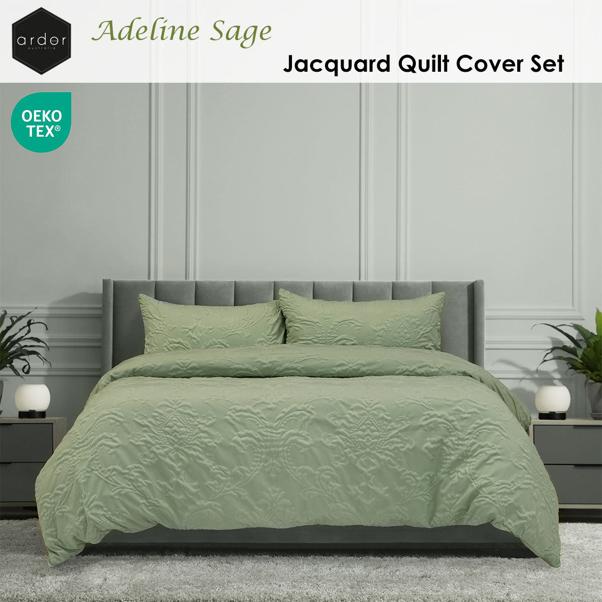 Ardor Adeline Sage Jacquard Damask Quilt Cover Set Queen - Image 2
