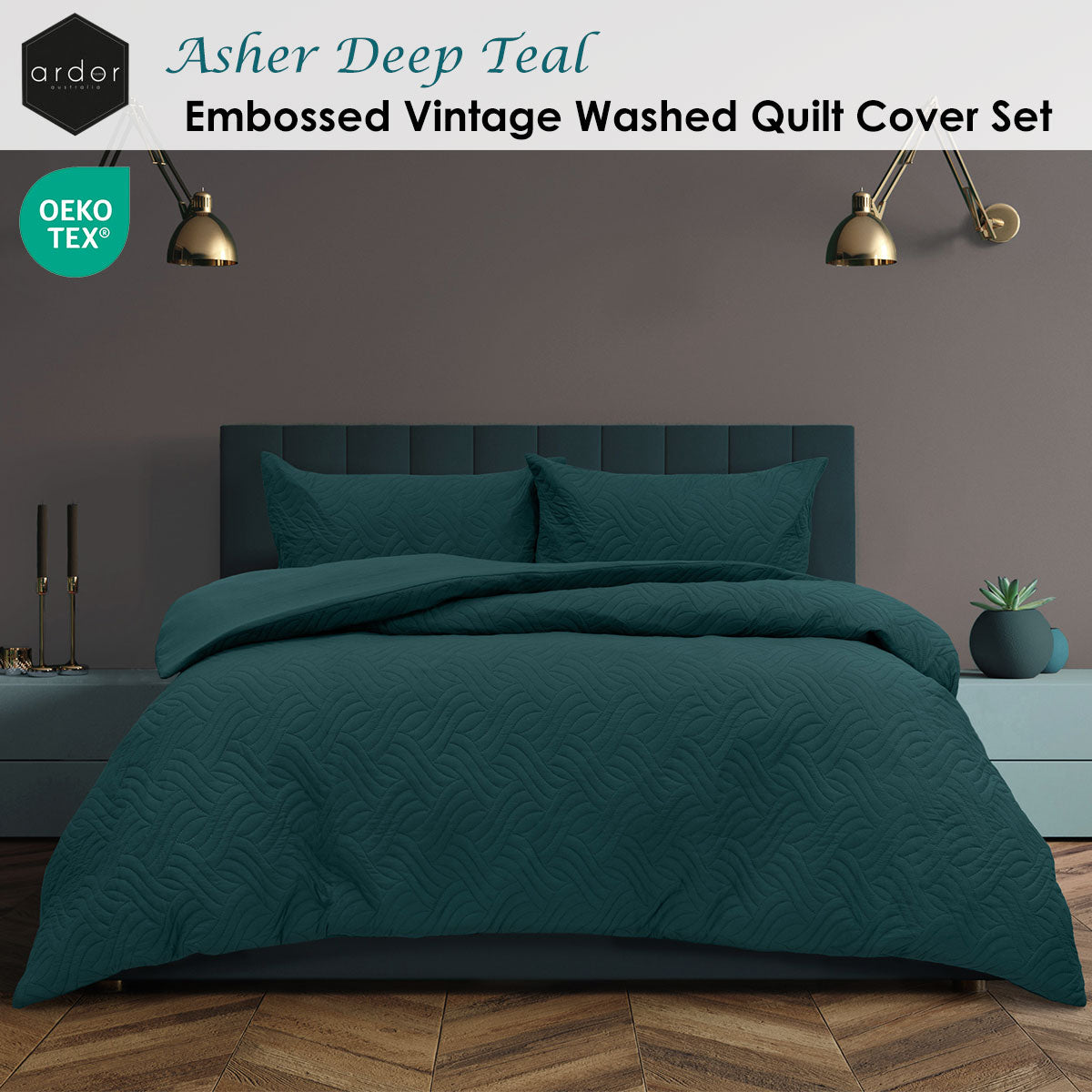 Ardor Asher Deep Teal Embossed Vintage Washed Quilt Cover Set Queen - Image 2