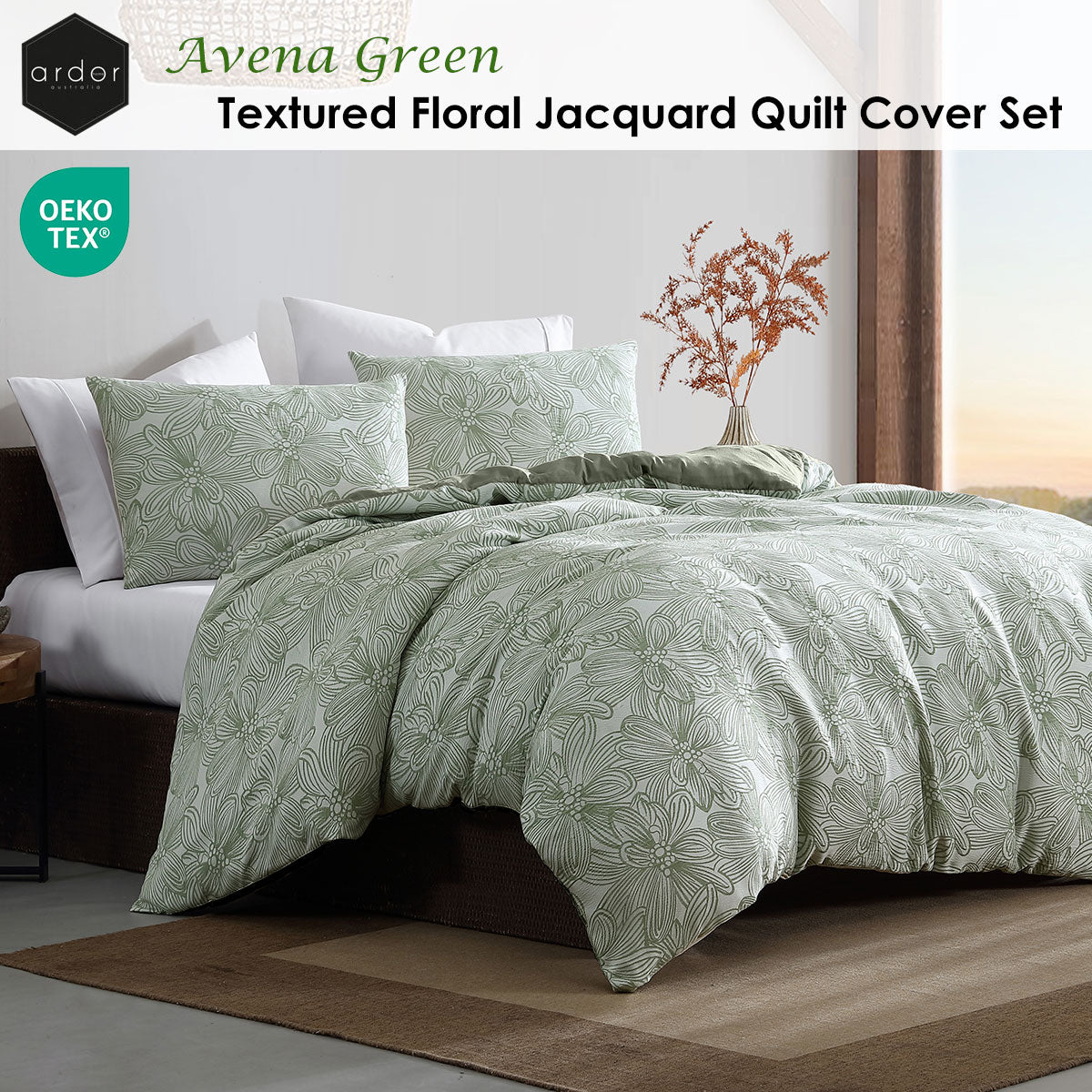 Ardor Avena Green Textured Floral Jacquard Quilt Cover Set King - Image 2