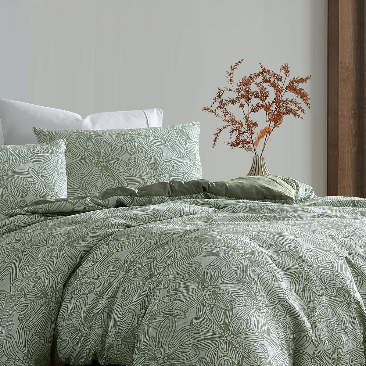 Ardor Avena Green Textured Floral Jacquard Quilt Cover Set Queen - Image 3