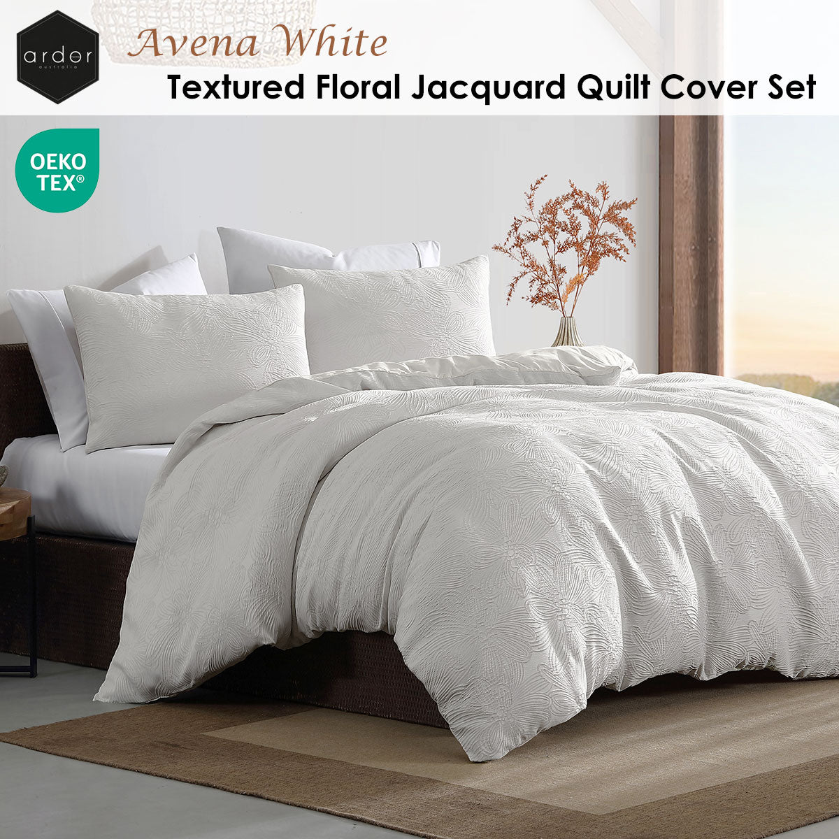 Ardor Avena White Textured Floral Jacquard Quilt Cover Set King - Image 2