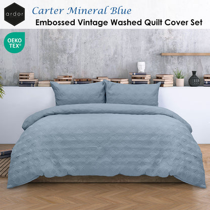 Ardor Carter Mineral Blue Embossed Vintage Washed Geometric Quilt Cover Set King - Image 2