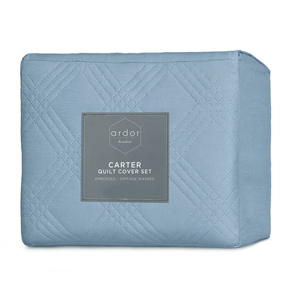 Ardor Carter Mineral Blue Embossed Vintage Washed Geometric Quilt Cover Set Queen - Image 5