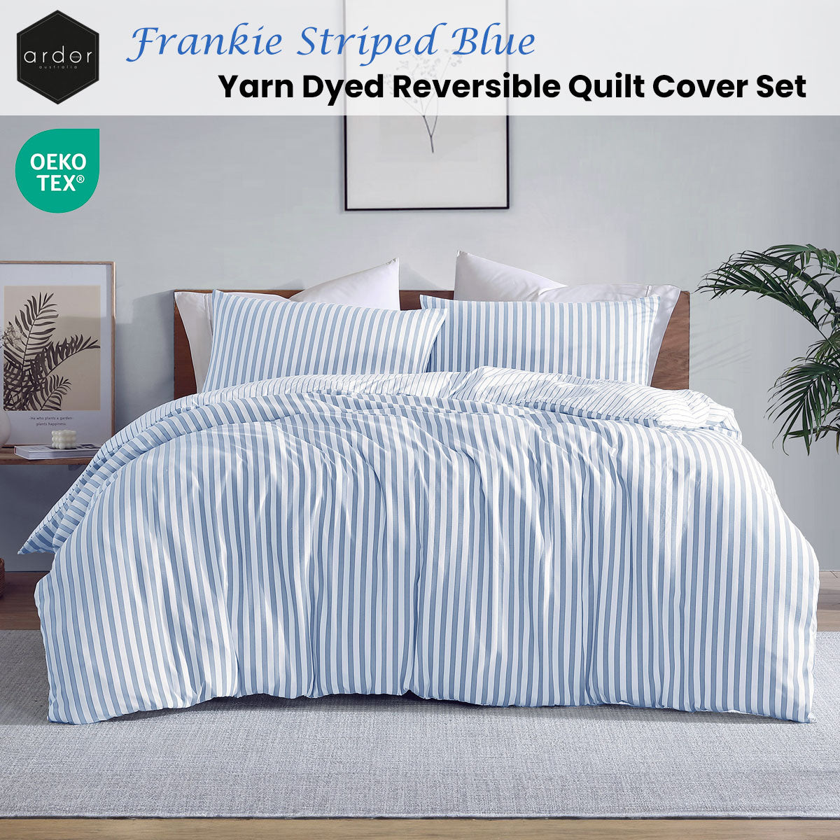 Ardor Frankie Blue Stripe Yarn Dyed Reversible Quilt Cover Set Queen - Image 2