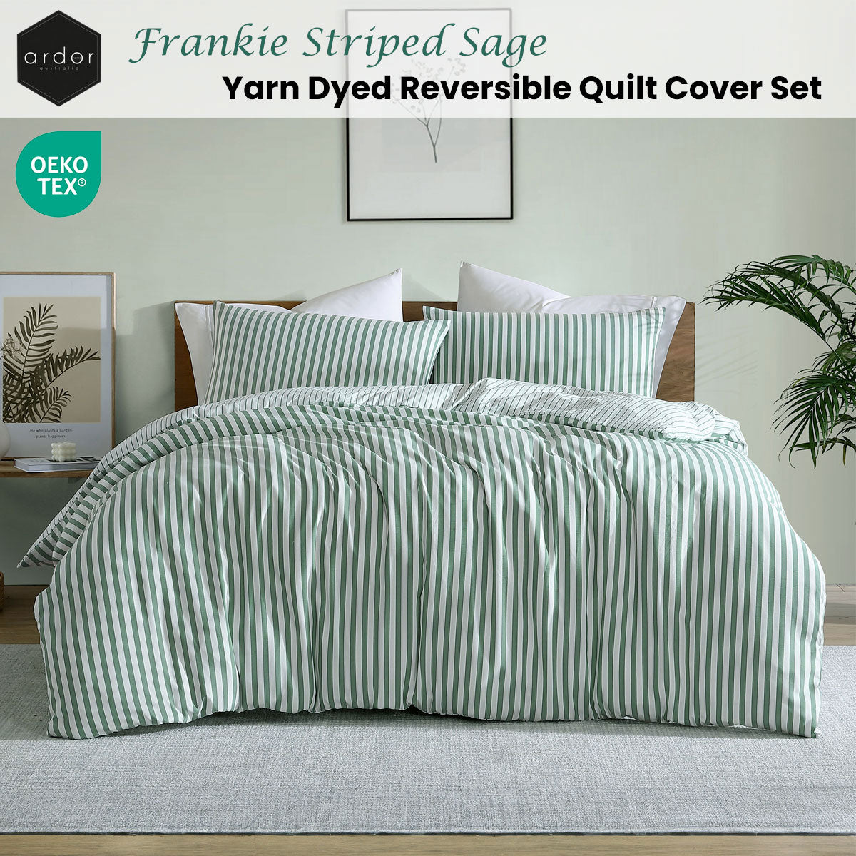 Ardor Frankie Sage Stripe Yarn Dyed Reversible Quilt Cover Set King - Image 2