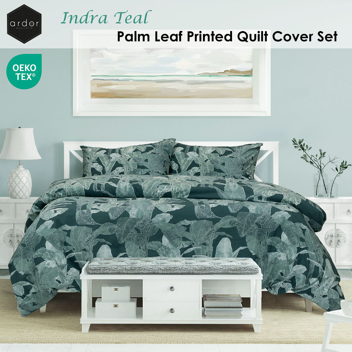 Ardor Indra Teal Palm Leaf Printed Quilt Cover Set Queen - Image 2