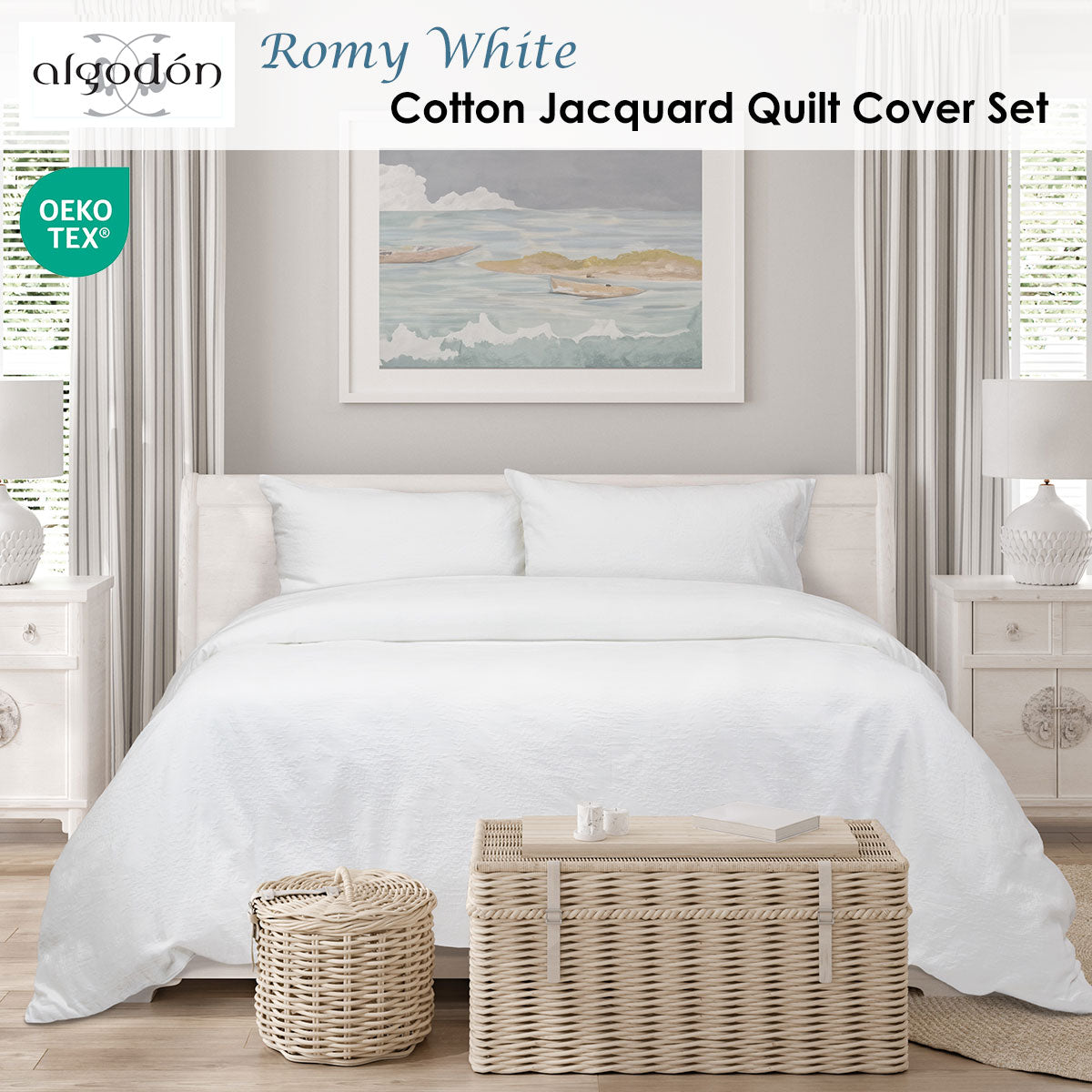 Algodon Romy White Cotton Jacquard Quilt Cover Set King - Image 2