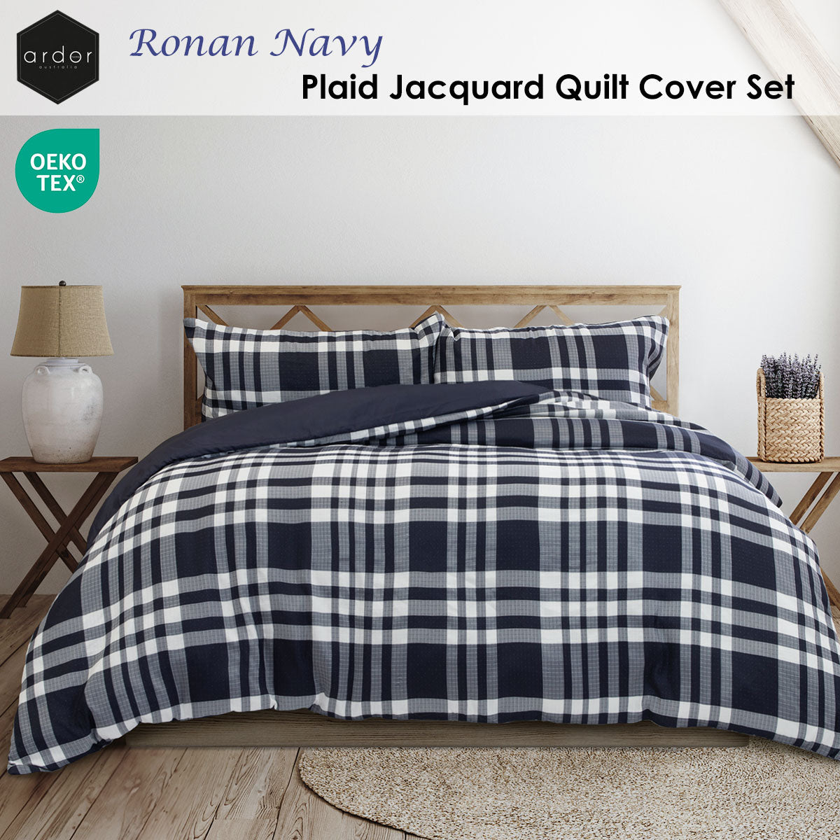 Ardor Ronan Navy Plaid Jacquard Quilt Cover Set King - Image 2