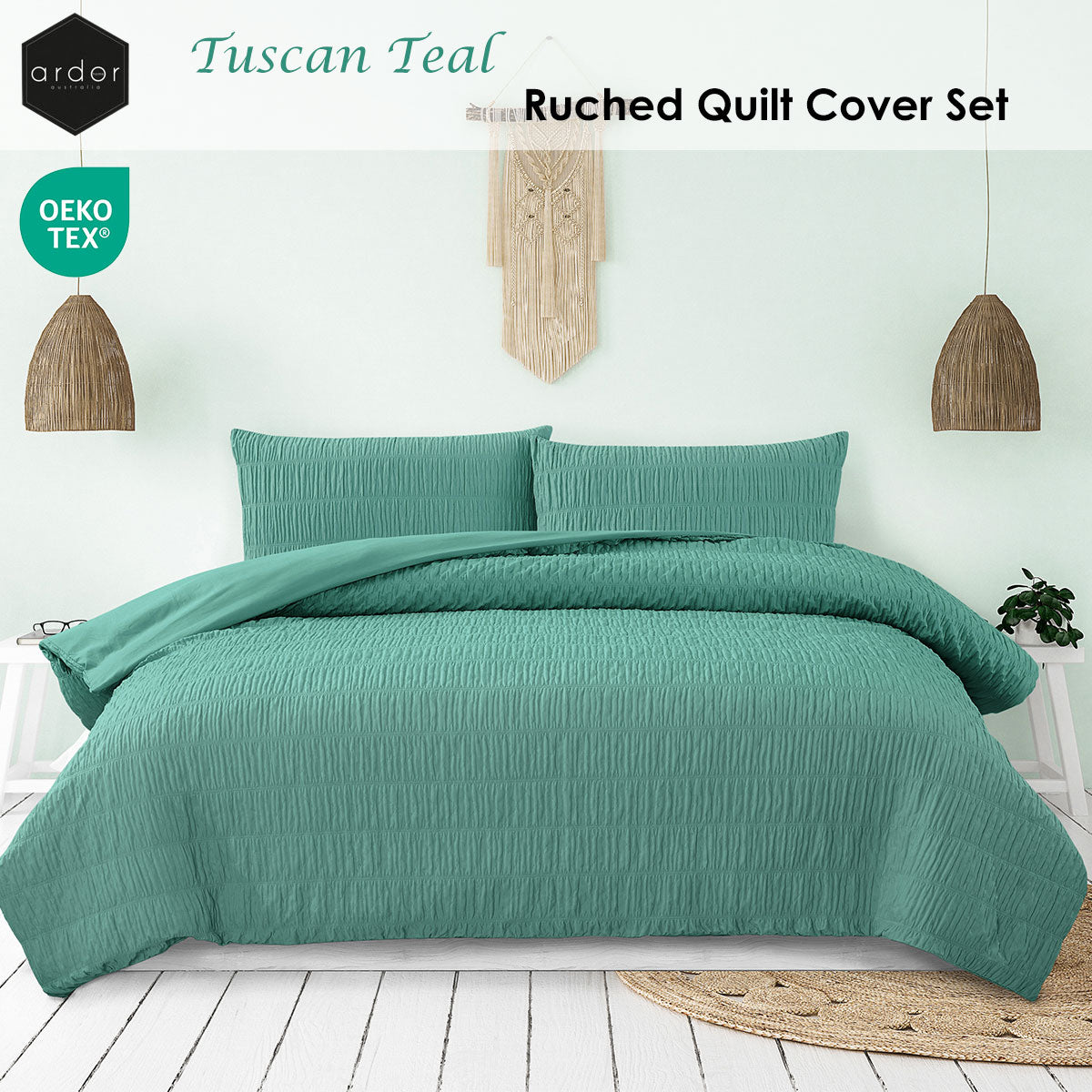 Ardor Tuscan Teal Ruched Quilt Cover Set Queen - Image 2
