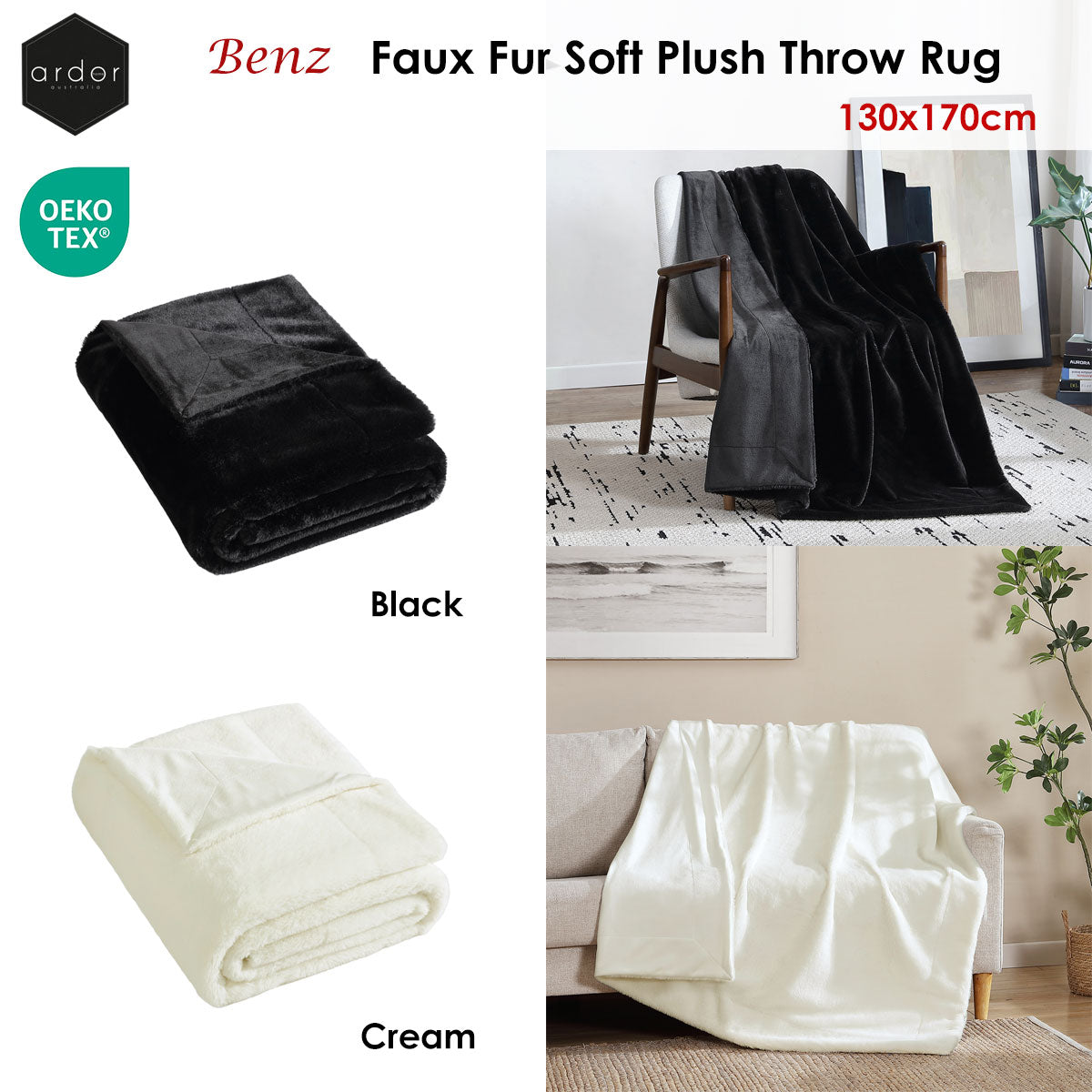 Ardor Benz Faux Fur Soft Plush Throw Rug 130x170cm Black - Image 2