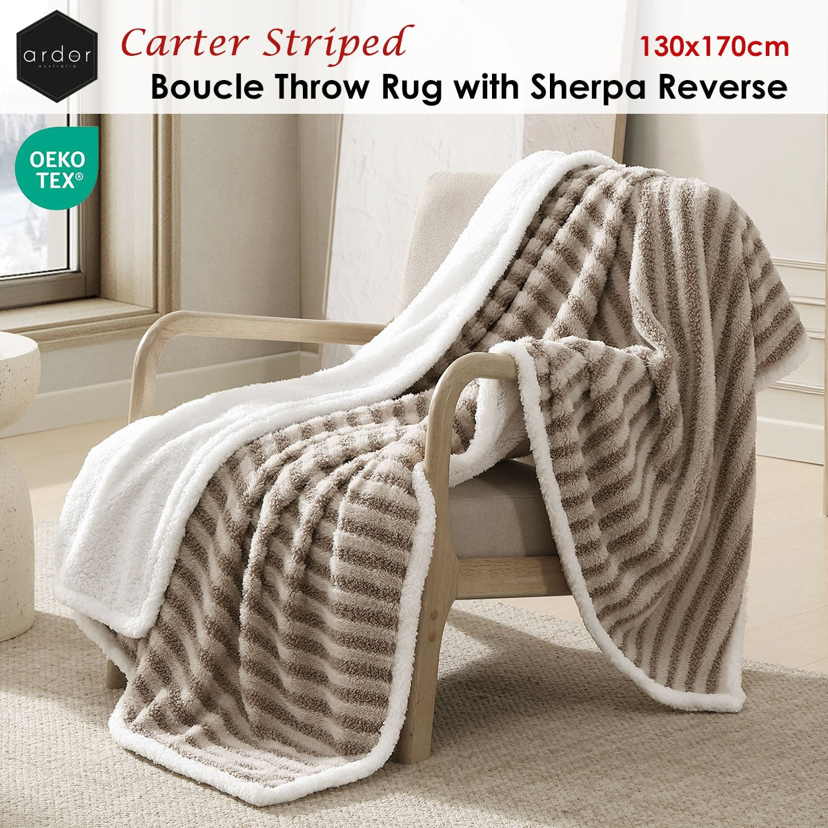 Ardor Carter Striped Boucle Throw Rug with Sherpa Reverse 130x170cm - Image 2