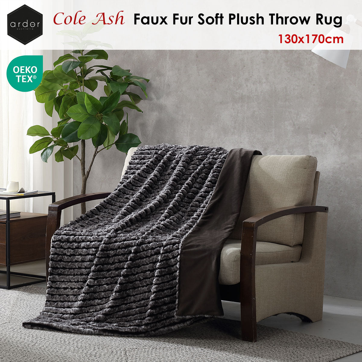Ardor Cole Ash Striped Faux Fur Soft Plush Throw Rug 130x170cm - Image 2