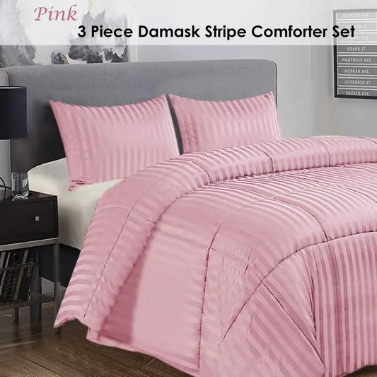 Ramesses 3 Piece Damask Stripe Comforter Set King Pink - Image 2