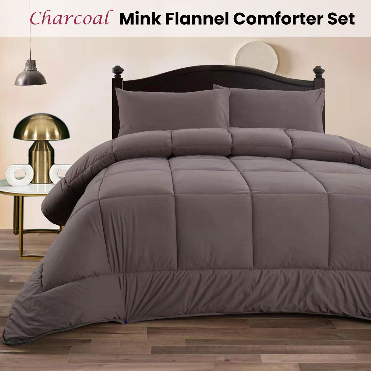Ramesses Charcoal 3- Piece Mink Flannel Comforter Set Queen - Image 2