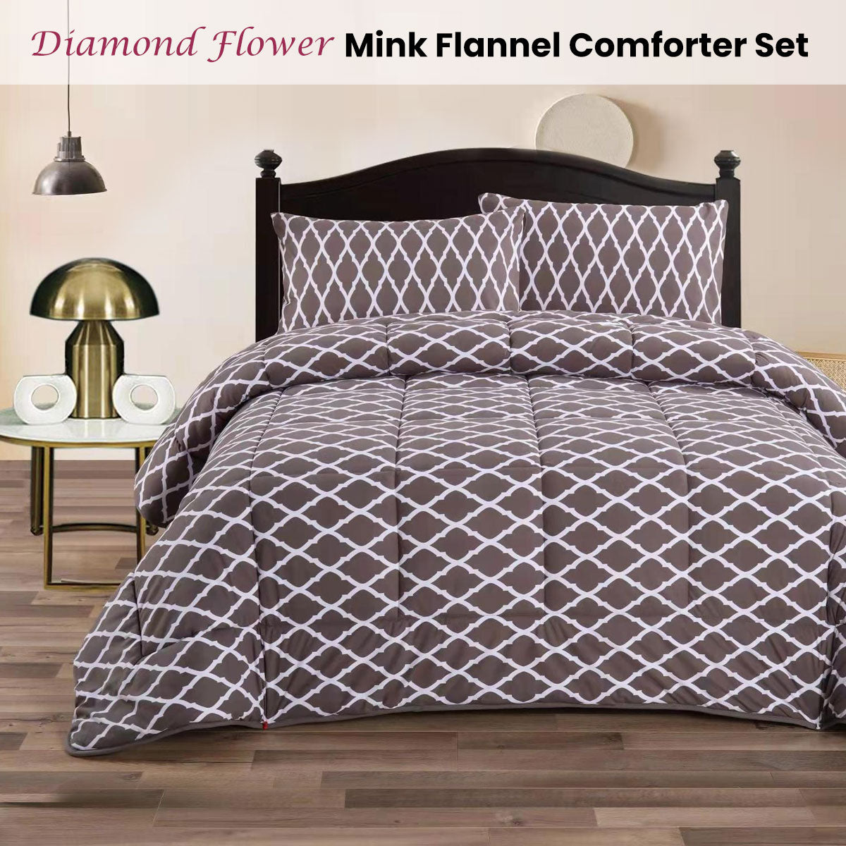 Ramesses Diamond Flower 3- Piece Mink Flannel Comforter Set Queen - Image 2