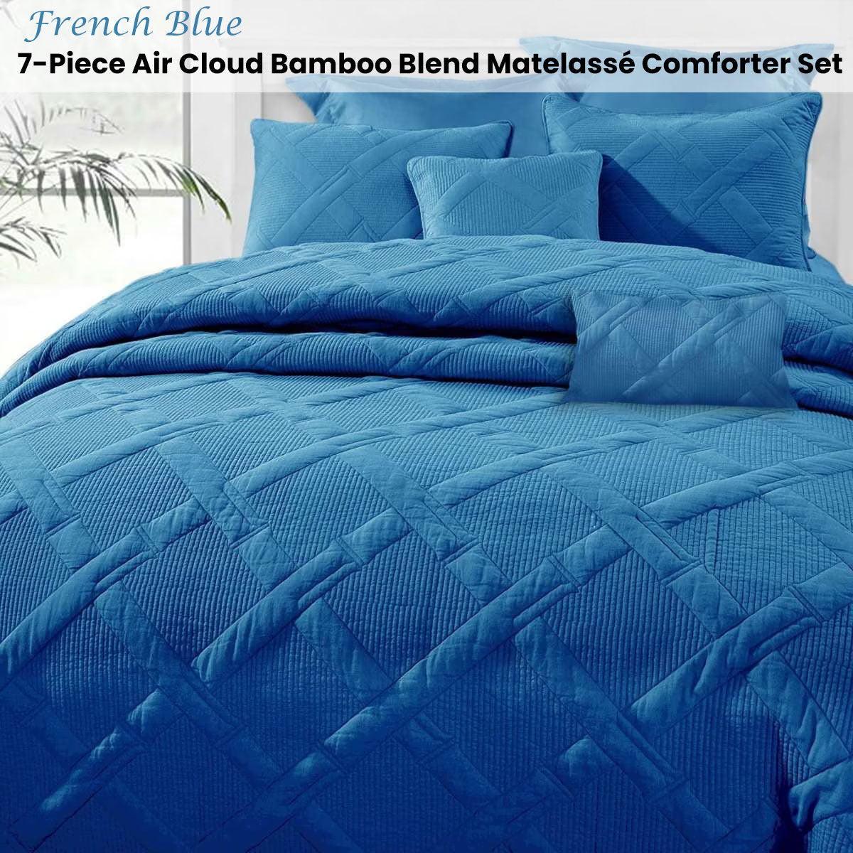 Ramesses French Blue 7- Piece Air Cloud Bamboo Blend Matelasse Comfort Set Queen - Image 2