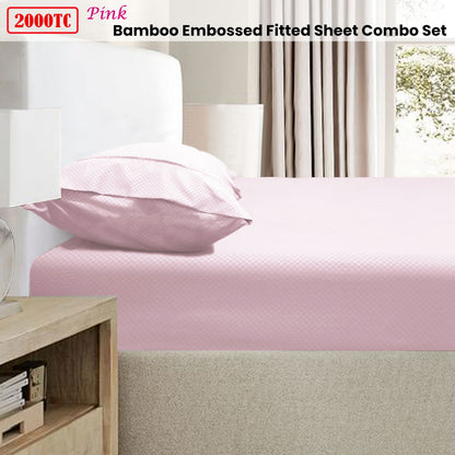 Ramesses 2000TC Bamboo Embossed Fitted Sheet Combo Set Pink Queen - Image 2