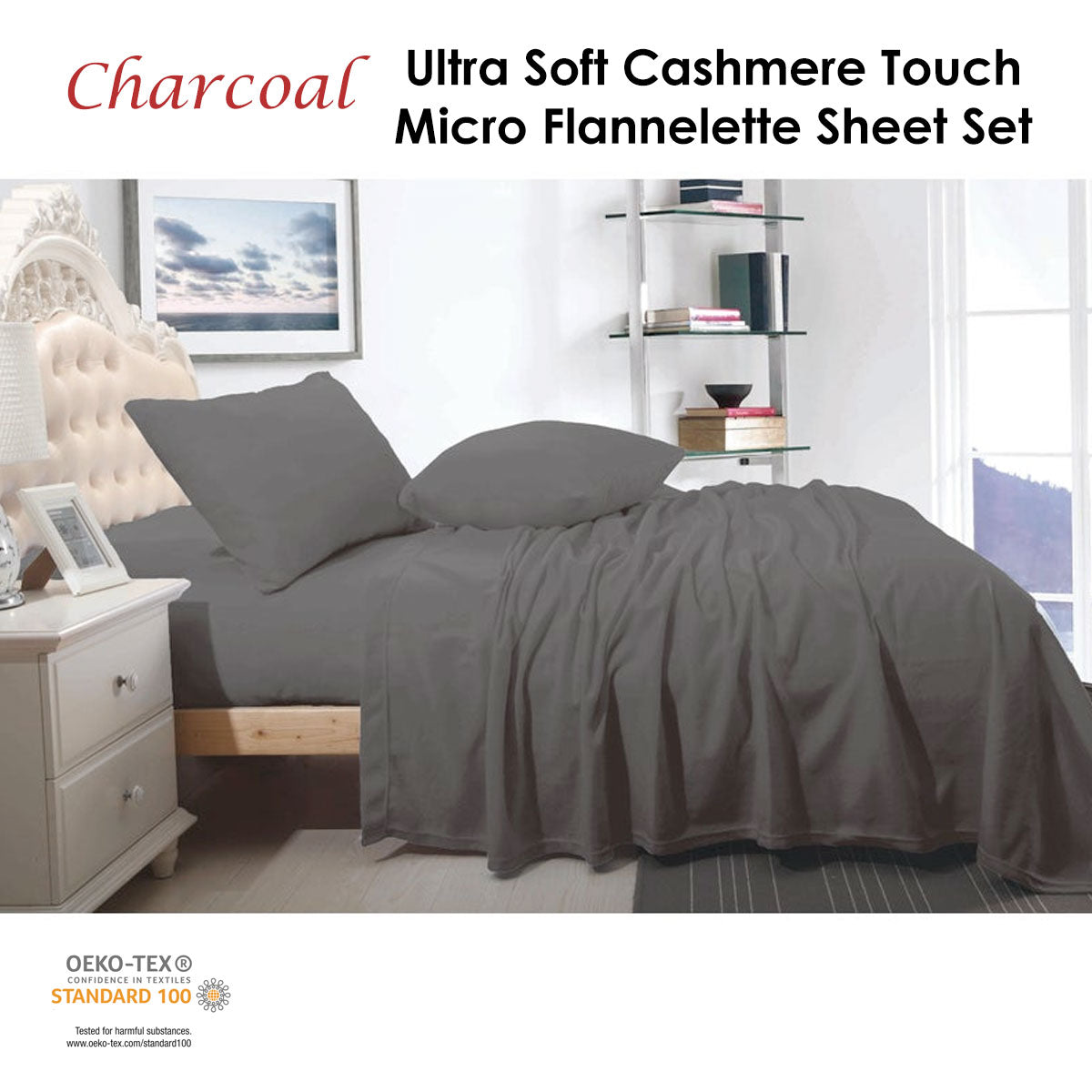 Shangri La Cashmere Touch Micro Flannelette Sheet Set Charcoal Queen - Image 2