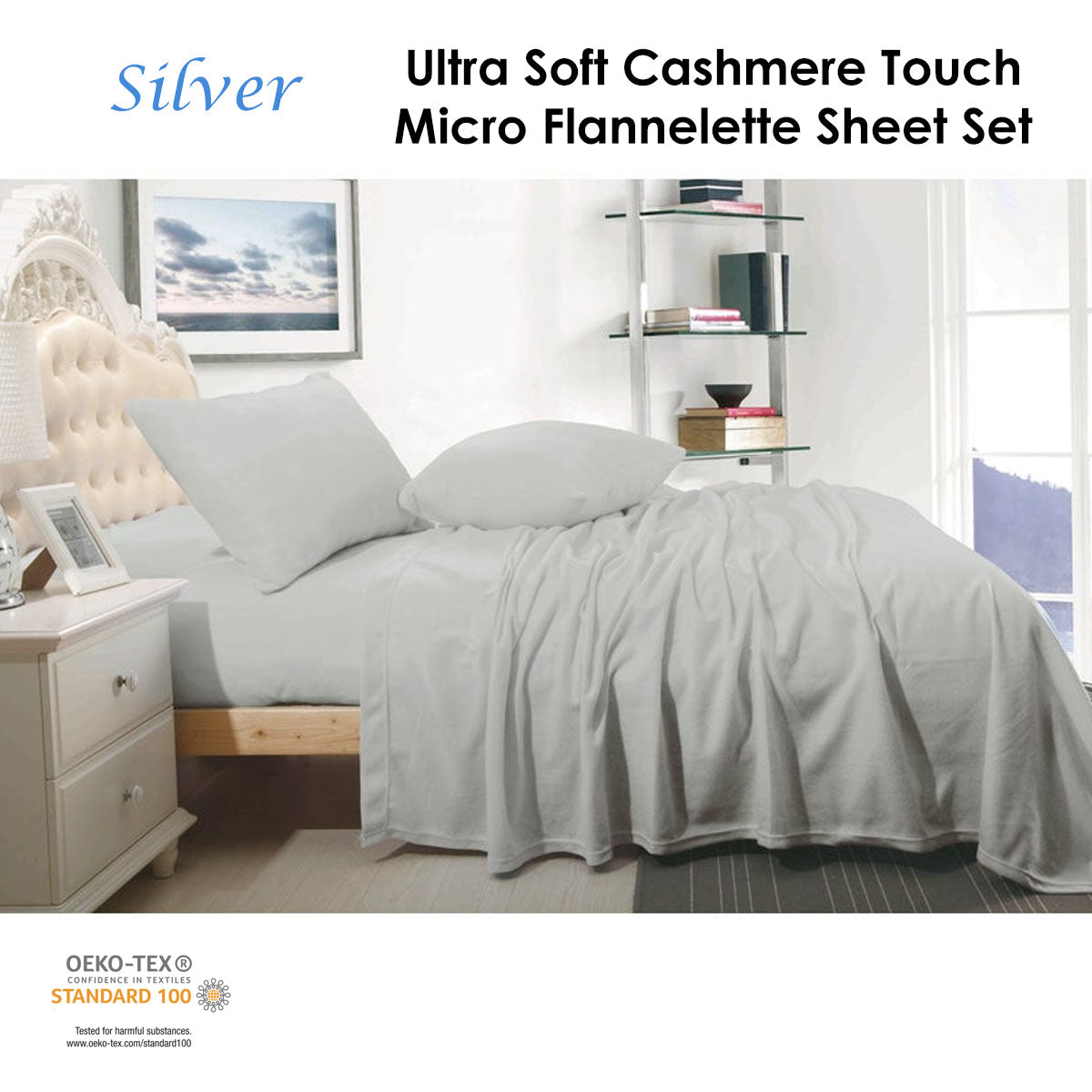Shangri La Cashmere Touch Micro Flannelette Sheet Set Silver Queen - Image 2
