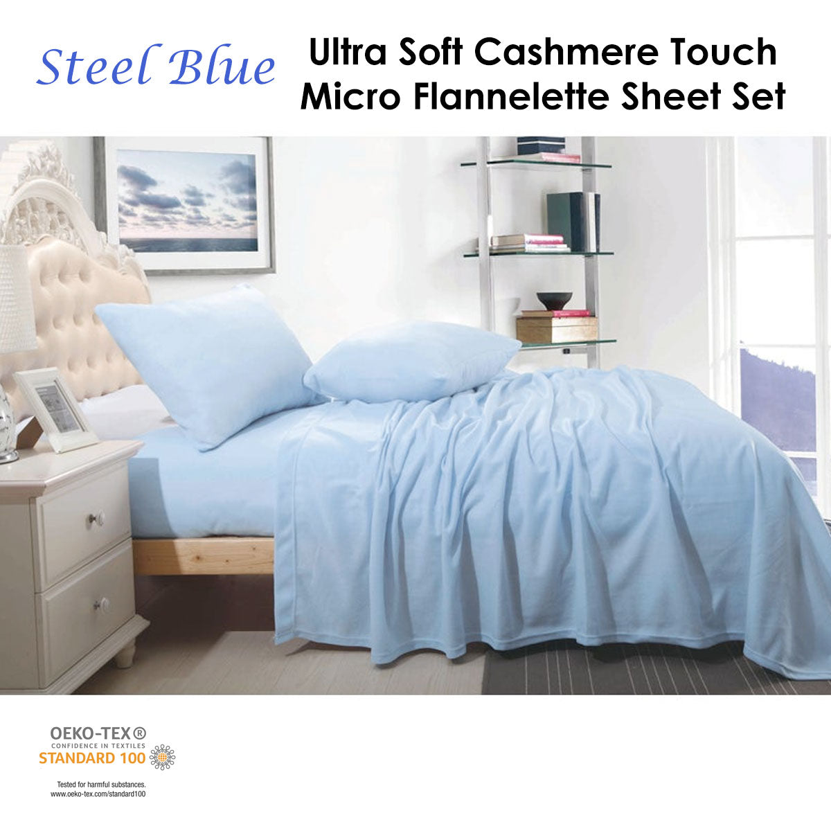 Shangri La Ultra Soft Cashmere Touch Micro Flannelette Sheet Set Steel Blue Queen - Image 2