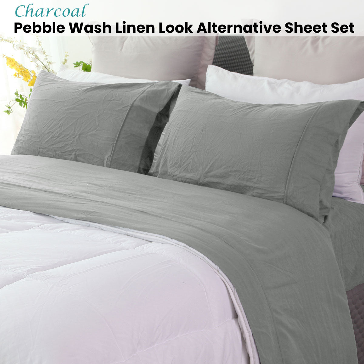 Ramesses Charcoal Pebble Wash Linen Look Alternative Sheet Set Double - Image 2