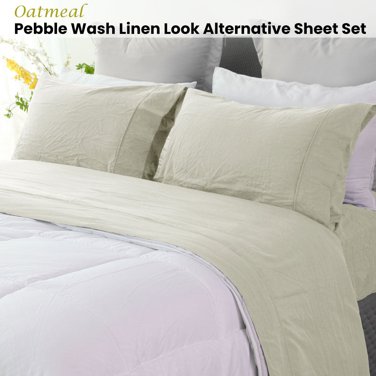 Ramesses Oatmeal Pebble Wash Linen Look Alternative Sheet Set Single - Image 2