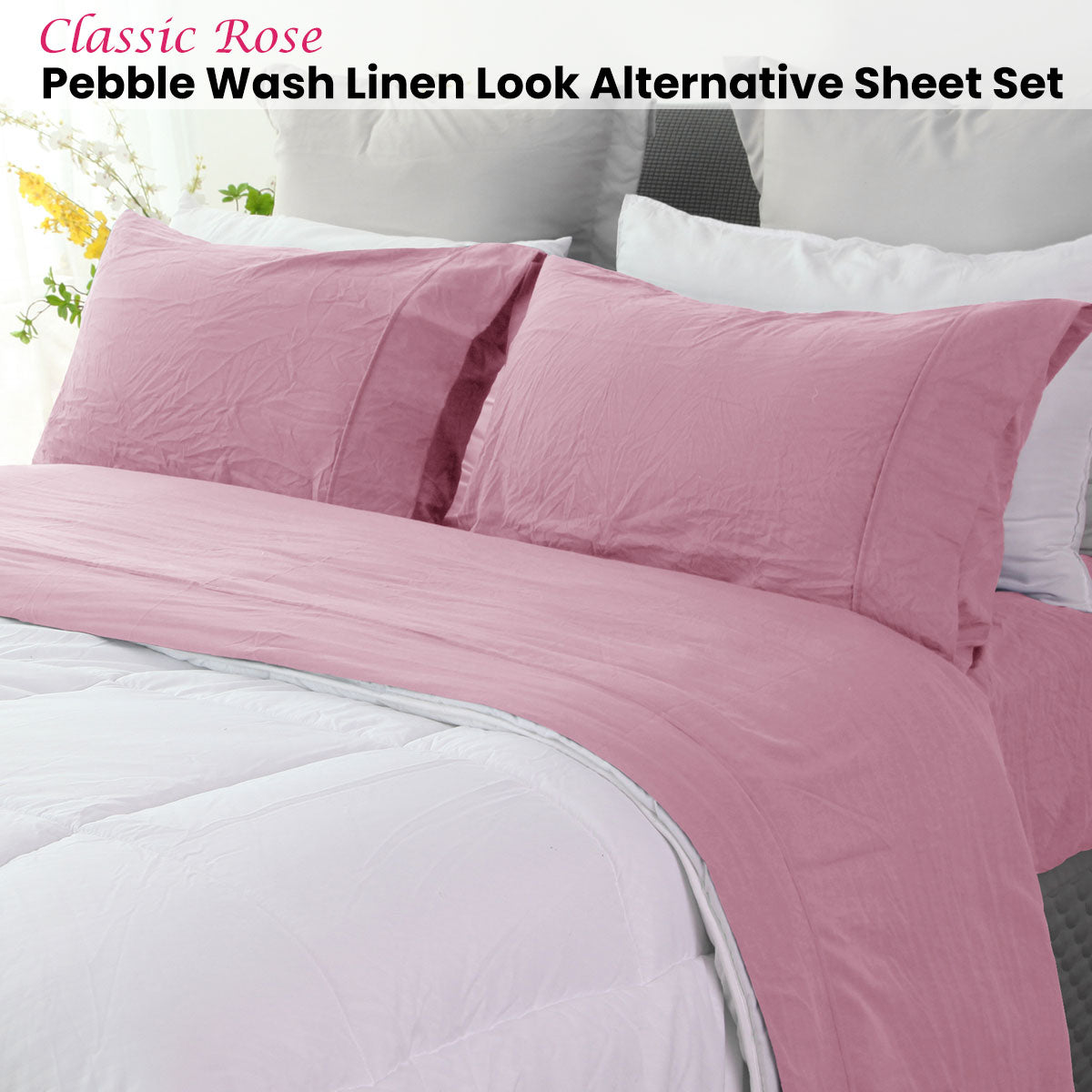 Ramesses Classic Rose Pebble Wash Linen Look Alternative Sheet Set Queen - Image 2