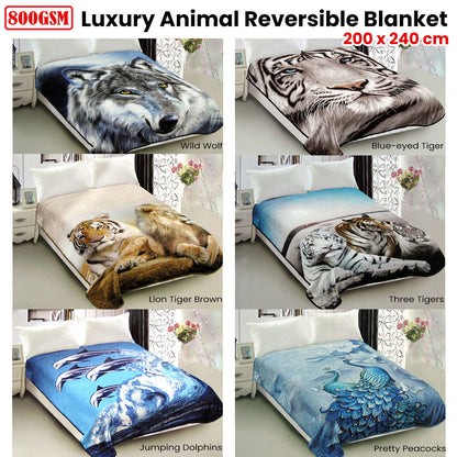 800GSM Luxury Reversible Animal Pattern Mink Blanket Queen 200 x 240 cm Pretty Peacock Blue - Image 2