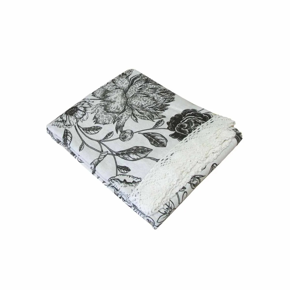 Botanical Printed Premium 60% Cotton 40% Linen Table Cloth with White Lace Edging 140 x 180 cm / 4 Seater